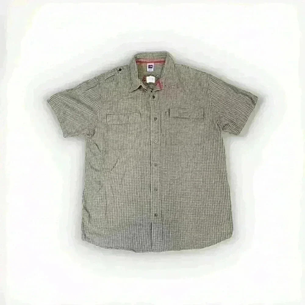 The North Face Plaid Brown Short Sleeve Button Up Mens Shirt XXL Pocket